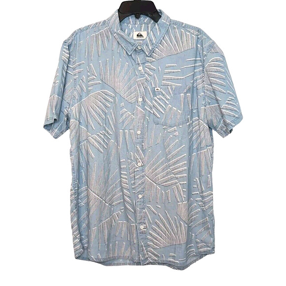 Quiksilver Hawaiian Shirt Men's Size L Light Blue Cotton Palm Fronds Tropical - Picture 1 of 10